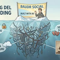 Illustrazione a iceberg che mostra i rischi nascosti del vibe coding: violazioni GDPR, data exposure, security failure e conseguenze legali