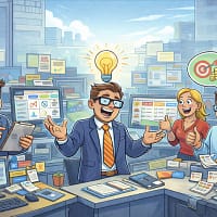 Illustrazione di un team in ufficio che reagisce a un'idea strategica CRM.