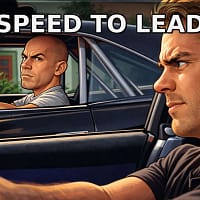 Car racing illustration with two drivers and the text "SPEED TO LEAD".