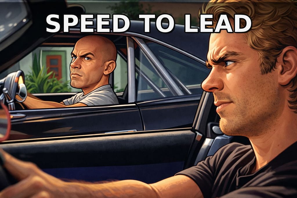 Car racing illustration with two drivers and the text "SPEED TO LEAD".