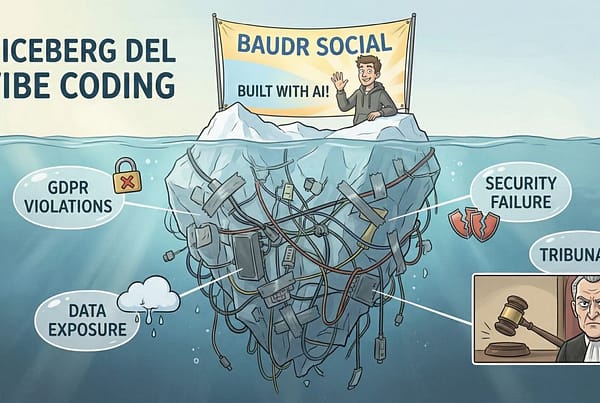Illustrazione a iceberg che mostra i rischi nascosti del vibe coding: violazioni GDPR, data exposure, security failure e conseguenze legali