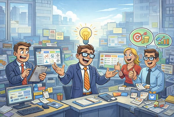 Illustrazione di un team in ufficio che reagisce a un'idea strategica CRM.