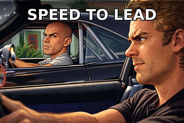 Illustrazione di una gara automobilistica con due piloti e il testo "SPEED TO LEAD".