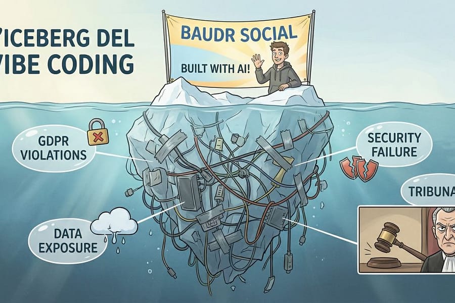 Illustrazione a iceberg che mostra i rischi nascosti del vibe coding: violazioni GDPR, data exposure, security failure e conseguenze legali