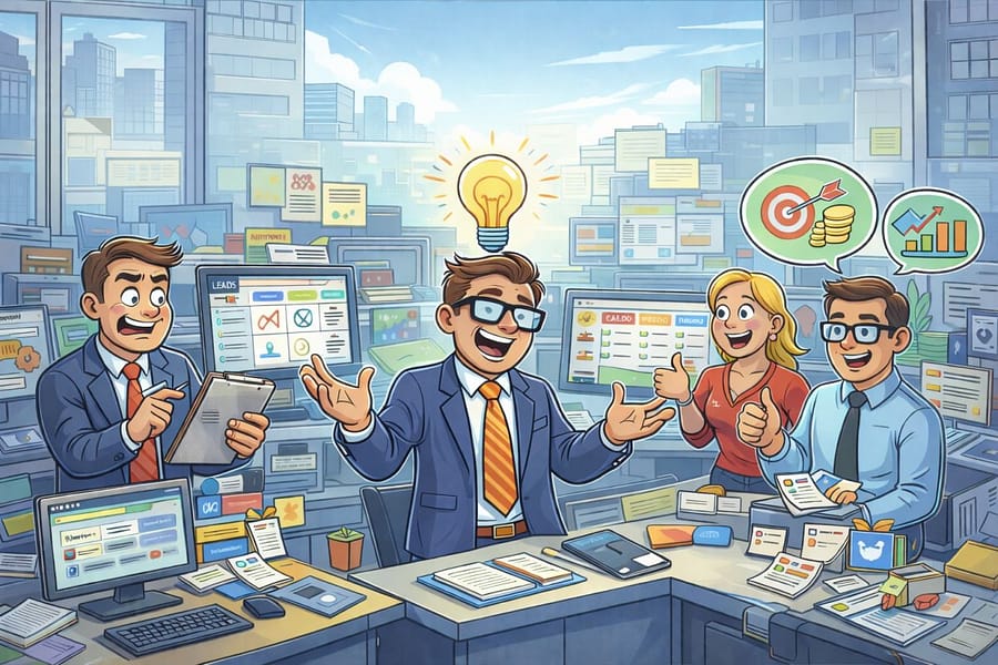 Illustrazione di un team in ufficio che reagisce a un'idea strategica CRM.